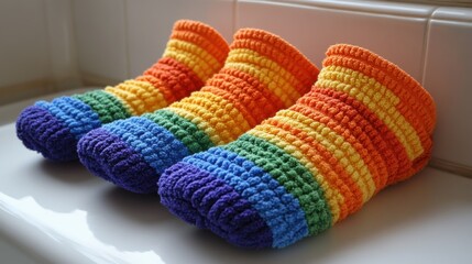 Colorful Crochet Slippers for Cozy Home Comfort Indoor Setting Textile Art Warm Environment Close-Up View Handmade Craft Concept