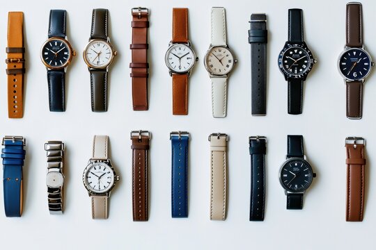 Numerous wristwatches displayed in multiple styles and colors on a white surface, allowing for creative text placement and design. Generative AI