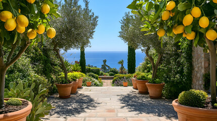 Amalfi Coast Mediterranean garden with lemon trees and ocean views, vibrant Italian retreat
