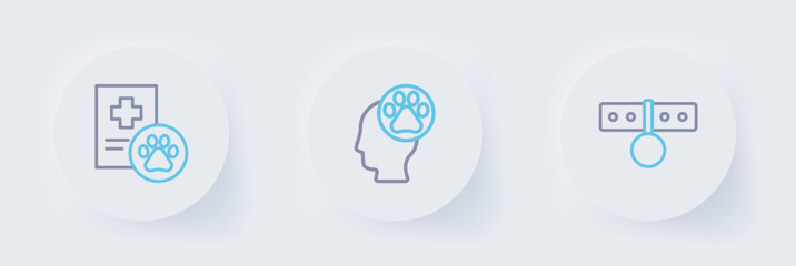 Set line Collar with name tag, Human animals footprint and Clinical record pet icon. Vector