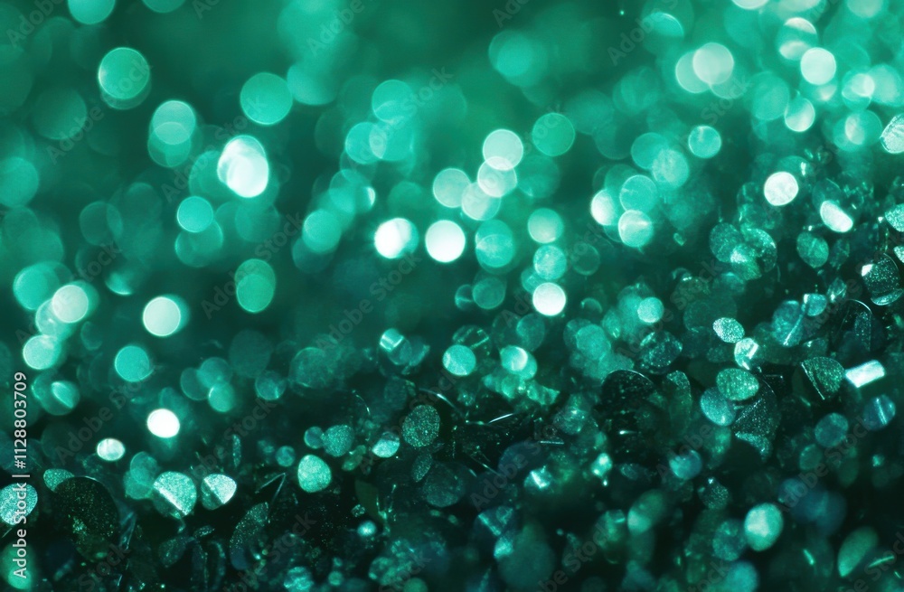Fototapete A close-up of teal glitter, creating an abstract bokeh effect with sparkling particles in various sizes and shades of green against a dark background.