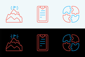 Set line Piece of puzzle, Mountains with flag and Clipboard checklist icon. Vector