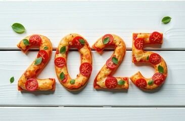 Numbers 2025 cut from pizza with tomatoes, baked cheese and basil leaves. Pizzeria, cafe, fast food. New Year, Christmas