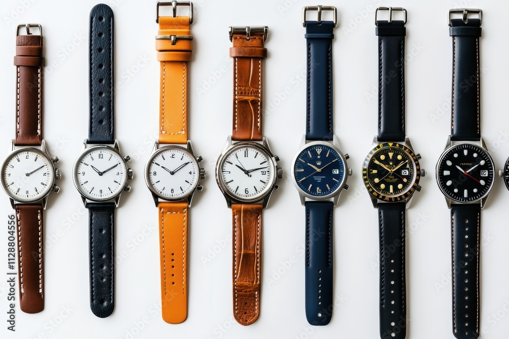 Poster A display of diverse wristwatch styles in various designs and colors, neatly arranged on a flat surface with room for text above. Generative AI