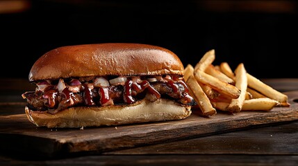 A hamburger with cheese and fries on a wooden board, against a dark background with space for text
