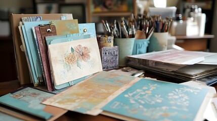 Fototapeta premium A creative workspace featuring art supplies, papers, and tools for crafting and design.
