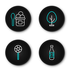 Set line Bottle of water, Lollipop, Tree and Ice cream in bowl icon. Vector