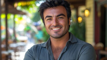 Fototapeta premium Portrait of a Smiling Man with Dark Hair and a Grey Shirt