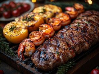 Grilled steak, shrimp, and grilled pineapple on a wooden board.