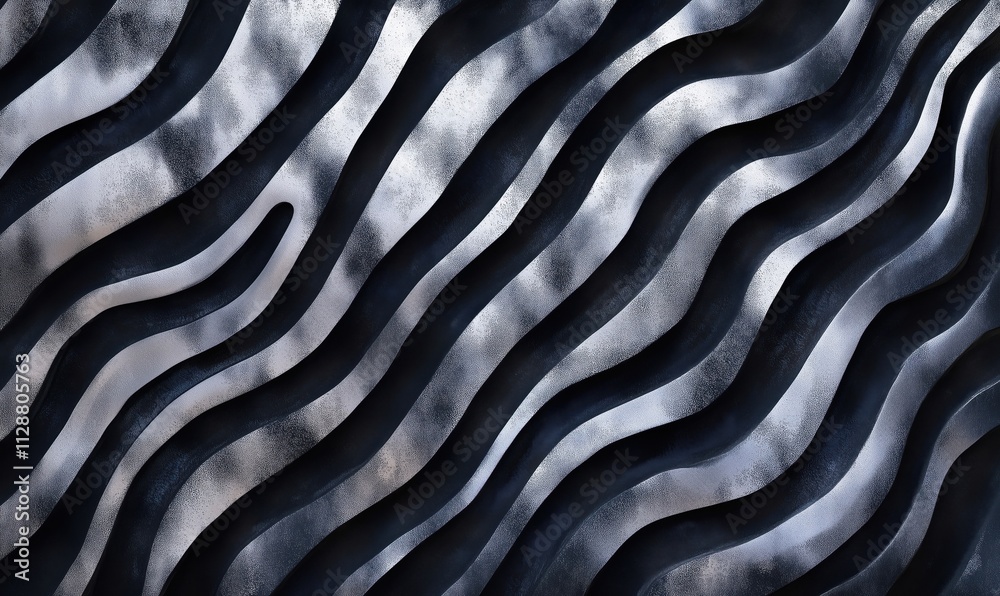 Poster wavy abstract pattern in black and silver tones, flowing lines create dynamic texture and depth, mod