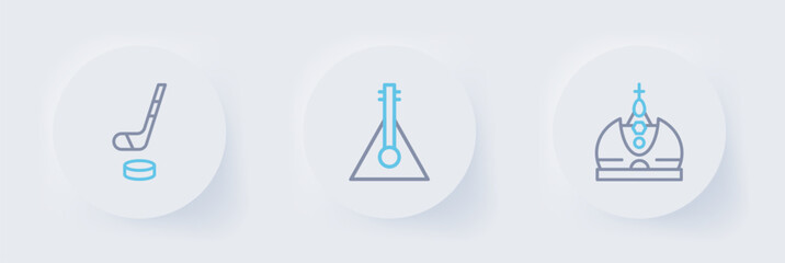 Set line King crown, Balalaika and Ice hockey stick and puck icon. Vector