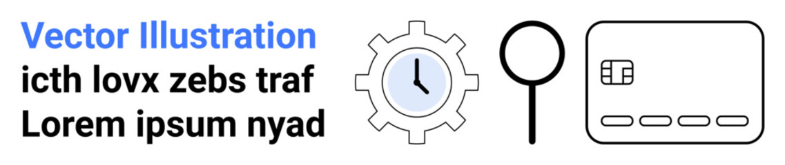 Clock gear icon, credit card, and magnifying glass on a white background accompanied by text elements. Ideal for time management, business, fintech, search, research, organization and productivity