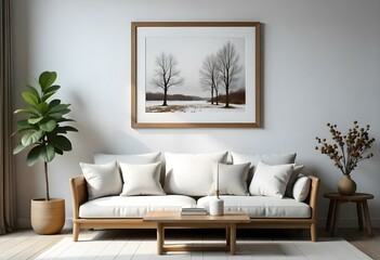 Bare trees in a winter landscape, framed and displayed on a wall above a wooden sofa with white cushions in a minimalist living room setting