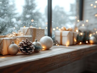 Christmas cozy environment,  white and gold, softly glowing string lights.