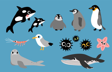 cartoon arctic animals, featuring orcas, penguins, seals, whales, sea urchins, shrimp, and a seagull. educational book illustration creatures characters.