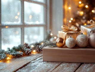 Christmas cozy environment,  white and gold, softly glowing string lights.