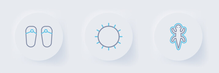 Set line Lizard, Sun and Flip flops icon. Vector