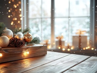 Christmas cozy environment,  white and gold, softly glowing string lights.