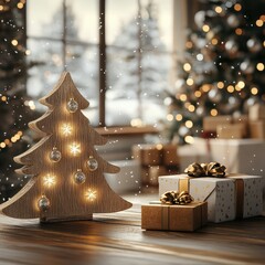 Christmas cozy environment,  white and gold, softly glowing string lights.