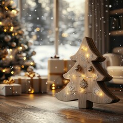 Christmas cozy environment,  white and gold, softly glowing string lights.