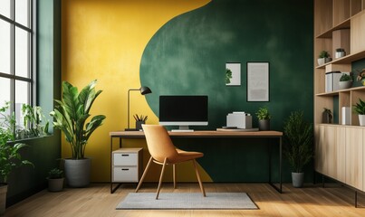 Modern home office with green and yellow walls, plants, desk, and chair