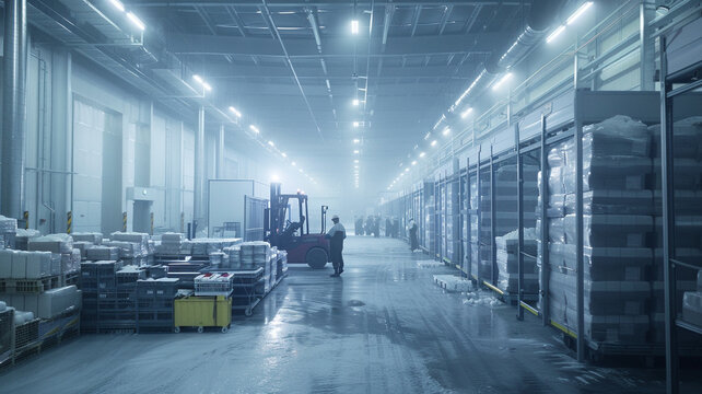 In a temperature-controlled cold storage facility, fresh produce, seafood, and dairy are carefully stored. Forklifts move crates