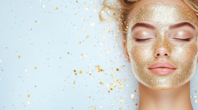 Relaxing beauty treatment with golden face mask and glitter background