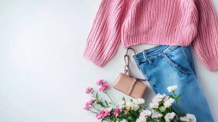 Blue jeans, pink knitted sweater, heeled sandals, small bag and bouquet of flowers lie on white background. Overhead view of woman's casual outfit. Trendy stylish women clothes. Flat lay, top view.