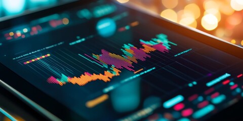 High-Tech Blockchain Ledger and Real-Time Cryptocurrency Transactions on Tablet Screen