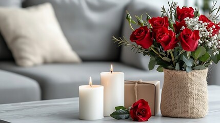 Fototapeta premium Romantic Valentine s Day Living Room with Candles and Rose Bouquet