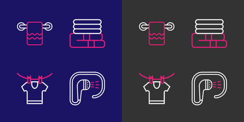 Set line Shower, Drying clothes, Towel stack and on hanger icon. Vector