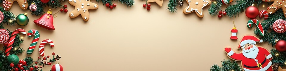 Christmas Festival banner with Candy Canes, Stockings, Gingerbread Houses, and Cookies; Clean Light Beige Backdrop for Graphic Design Projects