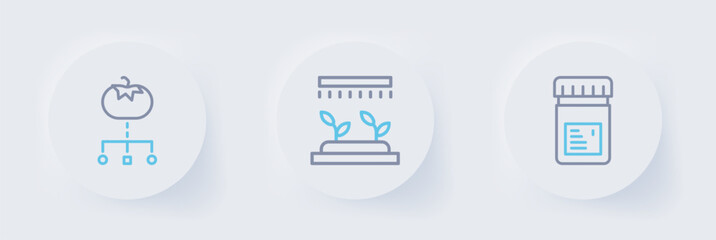 Set line Jar with additives, Automatic irrigation sprinklers and Genetically modified food icon. Vector