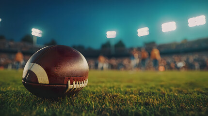 A high school football game at dusk with the stadium lights glowing.