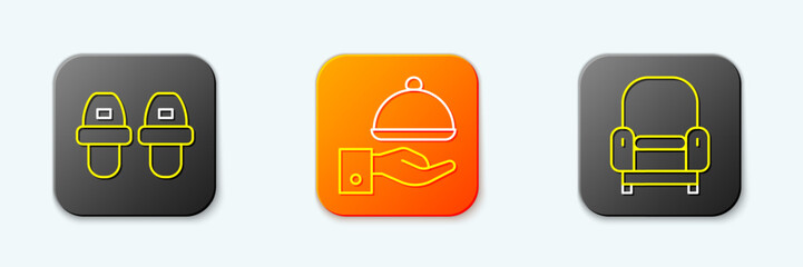 Set line Hotel slippers, Covered with tray and Armchair icon. Vector