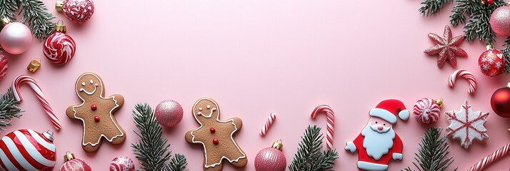 Christmas Gingerbread Houses, Detailed Cookies on Pink-Beige Backdrop, for Marketing Materials