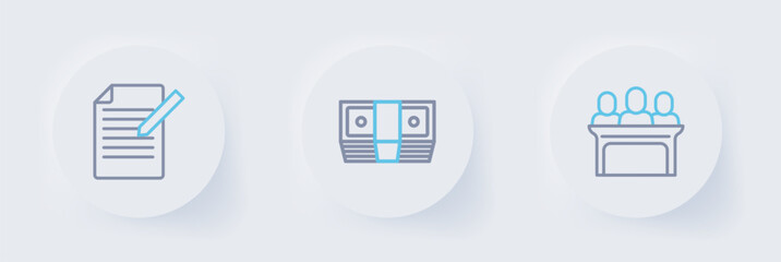 Set line Jurors, Bribe money cash and Document and pen icon. Vector