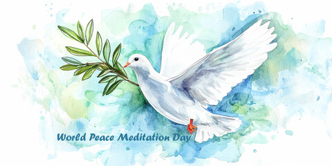 Fototapeta premium Watercolor illustration of a white dove carrying an olive branch on a soft blue-green background for World Peace Meditation Day.