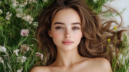 Fototapeta premium Serene Outdoor Portrait of Young Woman Surrounded by Nature s Beauty