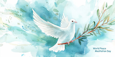 Obraz premium Watercolor illustration of a white dove carrying an olive branch on a soft blue-green background for World Peace Meditation Day.