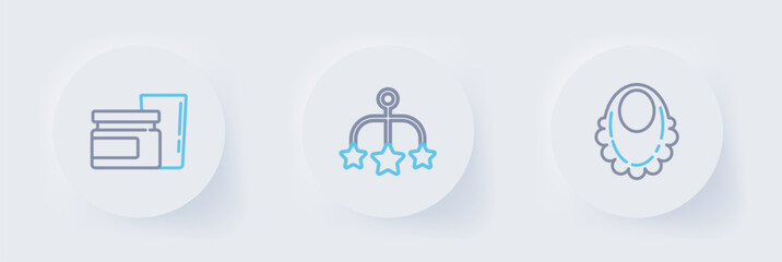 Set line Baby bib, crib hanging toys and food icon. Vector