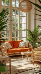 Fototapeta premium A cozy living room with rattan furniture, large windows, and plants.