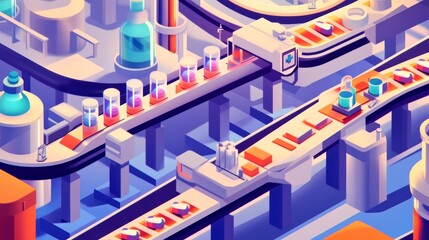 Drug manufacturing process.  Conveyor with medical ampoules line at a modern pharmaceutical plant. Pharmacology production, medicine industry from laboratory 2 factory, pharmacy. Healthcare, pharma 3D