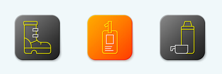 Set line Waterproof rubber boot, Identification badge and Thermos container icon. Vector