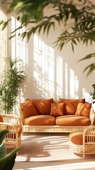 A cozy living room with rattan furniture, large windows, and plants.