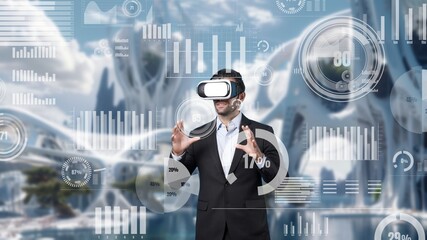 Smart business man sharing and talking about marketing plan with financial chart floating. Skilled project manager standing and wearing VR glasses while presenting idea by using technology. Apparatus.
