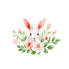 Rabbit in flowers, watercolor illustration for Easter without background 