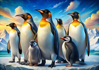 Fototapeta premium Charming Set of Penguin Illustrations Showcasing Various Species in Natural Habitats with Vibrant Colors and Engaging Poses for Educational and Creative Use