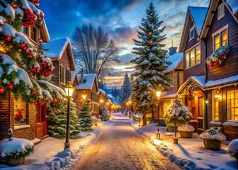 Charming Snowy Street Adorned with Festive Christmas Decorations, Twinkling Lights, and a Magical Winter Atmosphere Perfect for Holiday Celebrations and Seasonal Cheer