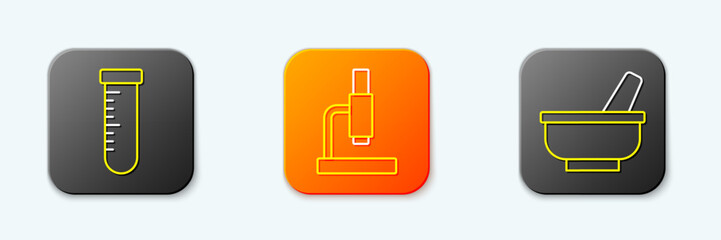 Set line Test tube and flask, Microscope and Mortar pestle icon. Vector